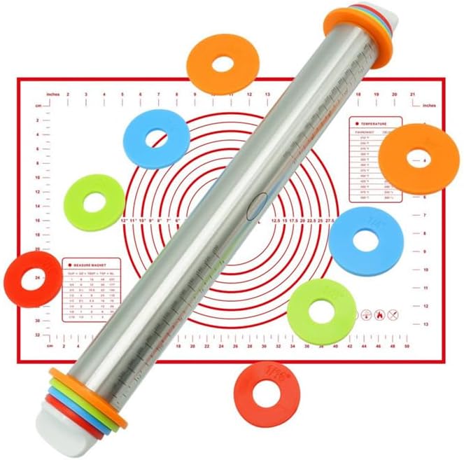 Fit for 17-Inch Adjustable Stainless Steel Rolling Pin with Dough Mat - Includes 4 Removable Thickness Rings for Baking Results(Chocolate)