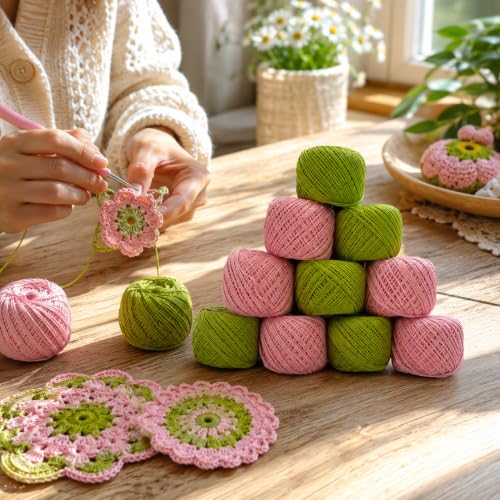 Image of Crochet Cotton Thread Yarn Combo, 10 Rolls for Knitting, Crochet, Embroidery and Craft Making, Soft Decorative Thread for Handmade DIY Projects, Pink & Green