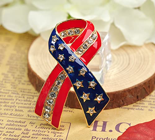 Image of Gyn&Joy Gold Tone Clear Crystal Rhinestones America USA Flag Star Ribbon Patriotic Pin Brooch