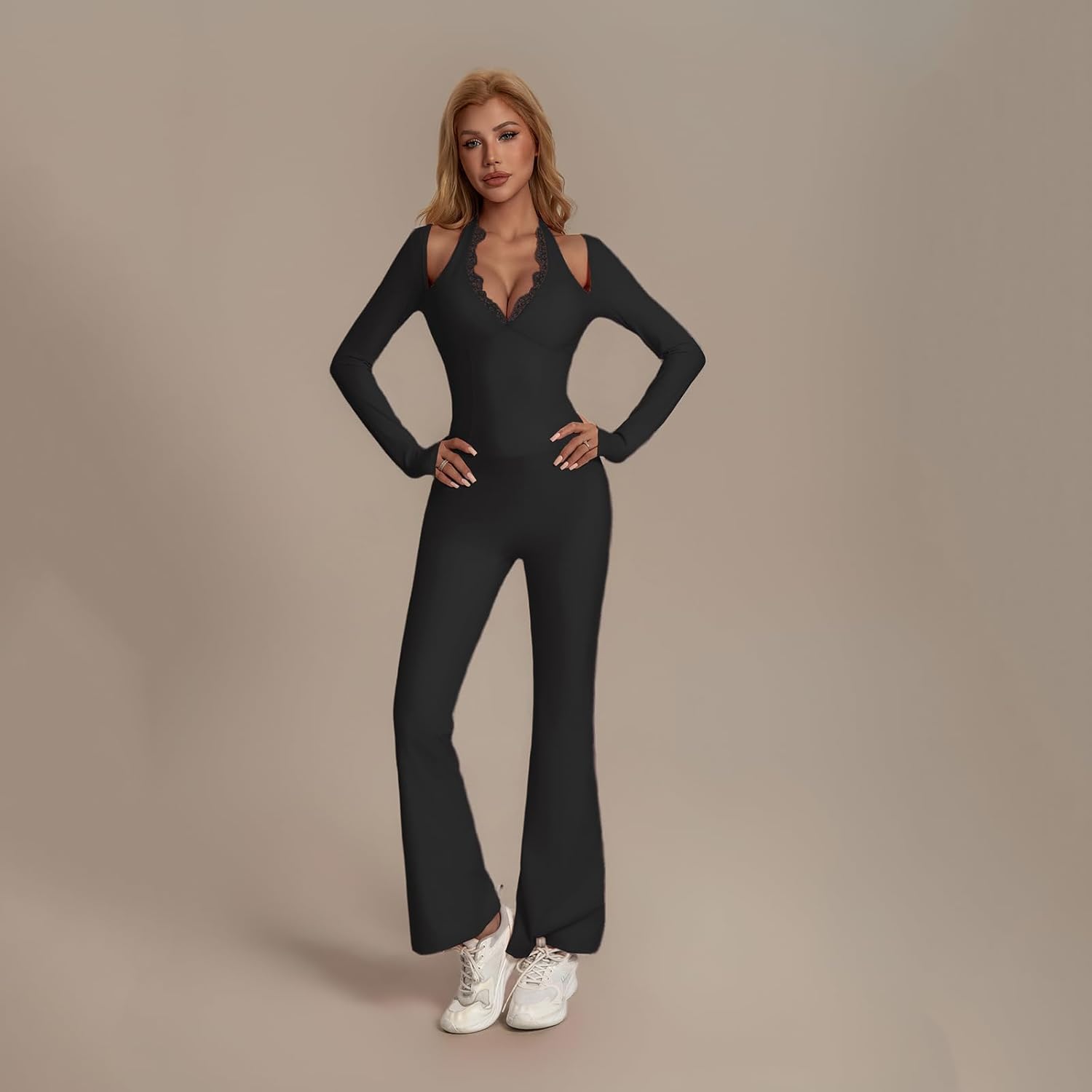 One Piece Wide Leg Jumpsuits For Women Workout Long Sleeve Jumpsuit Flare Yoga Romper V-Neck Sexy Lace - Image 3