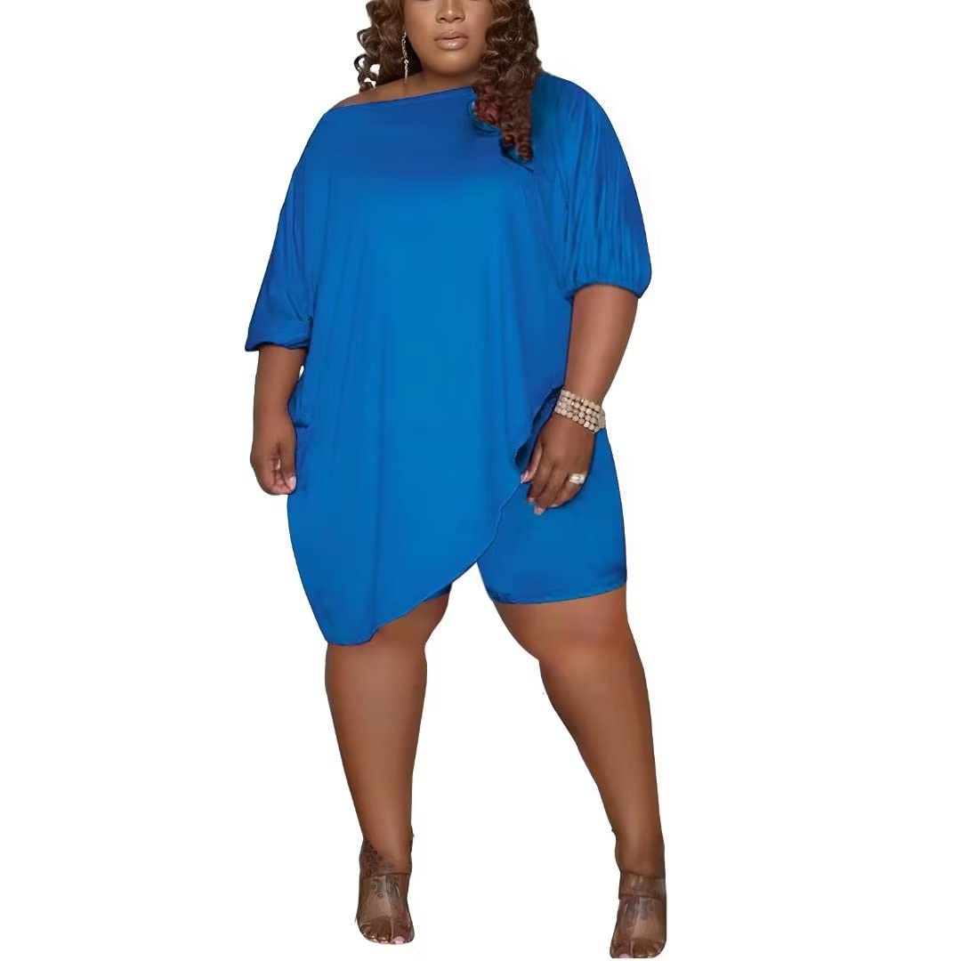 Huasemy Plus Size Women 2 Piece Outfits Tracksuits Short Sleeve Slant Tops Bodycon Shorts Sets
