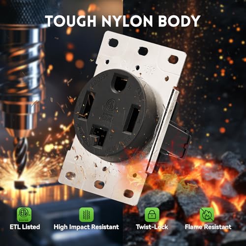 PLUGTUL 30 Amp Dryer Outlet, NEMA 14-30R Dryer Outlet Receptacle with Square Cover Plate, Straight Blade, Industrial Grade, 30 Amp, 125/250 Volt, ETL Listed - Thumbnail 3