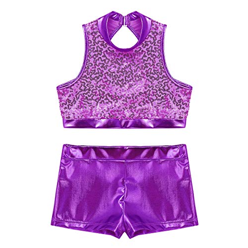 Image of easyforever Kids Girls 2PCS Shiny Mermaid Scales Ballet Dance Outfit Crop Top with Short Tankini Swimsuit
