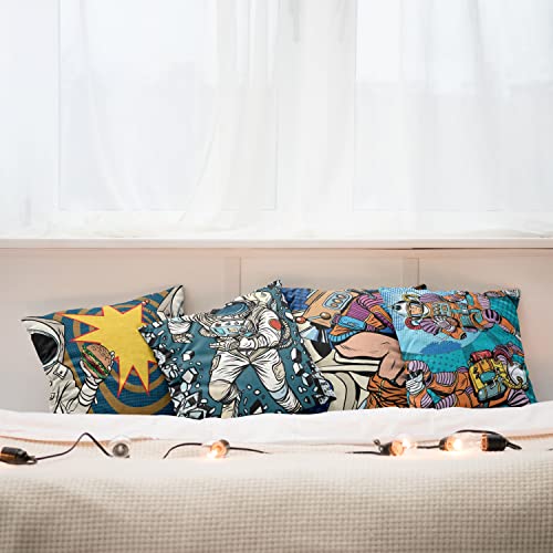 Ambesonne Pop Art Throw Pillow Cushion Case Pack Of 4, Retro Funny Cosmic Astronauts In Cosmic Style Outer Space Modern Illustration, Modern Accent Double-Sided Digital Printing, 24", Multicolor Blue #TOP4