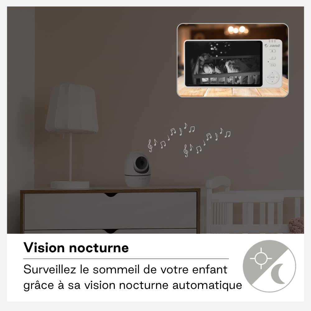 Jané Eye Pro Baby Monitor, Baby Monitor avec Caméra Rotative, Inclinaison Motorisée, Écran 5", Audio Bidirectionnel, Vision Nocturne, Longue Portée, avec Musique