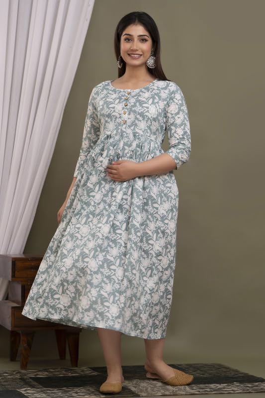 Image of Women's Pure Cotton Printed Maternity Gown /Maternity wear /Feeding Gown A-line Maternity Feeding Dress Maternity Kurti Gown for Women