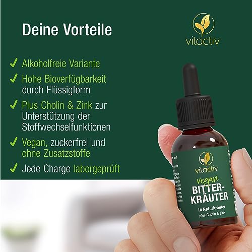 VITACTIV Bitterkräuter - Bittertropfen ohne Alkohol - Erlesene Kräuter plus Cholin & Zink - Bitterstoffe Tropfen nach Hildegard von Bingen - Ohne Künstliche Zusätze, Zuckerfrei, Vegan - 50ml
