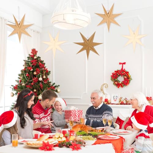 Image of 12 Inches 5 PCS Brown Paper Star Lanterns Hanging Khaki Stars Christmas Party Decorations Hanging Beige Lampshade Christmas Wedding Birthday Christmas Home Party Decorations (7 Pointed)