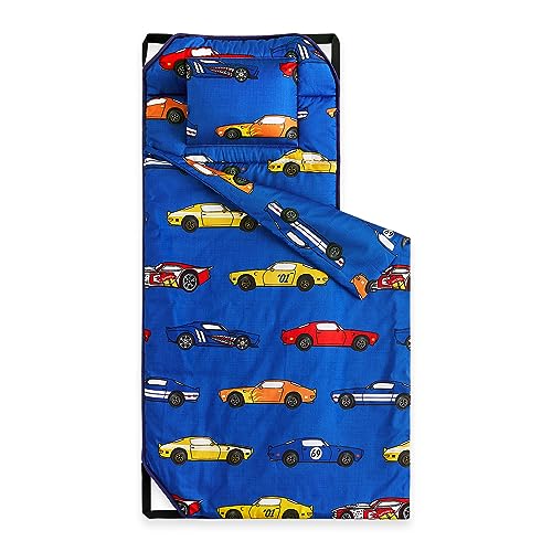 Wake In Cloud - Cot Nap Mat with Pillow and Blanket, for Toddler Kids Boys Girls in Daycare Kindergarten Preschool Pre K with Elastic Corner Straps, Cars Vehicles Trains Airplanes, Blue