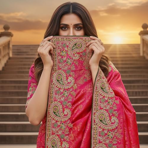 Image of Glory Sarees Women's Pure Soft Silk Banarasi Saree Traditional Embroidery Paisley Border With Blouse Piece (Qualamkars 103 Parent A)