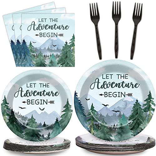 Image of Adventure Awaits Baby Shower Tableware Let The Adventure Begin Plates Pine Tree Mountain Wilderness Dinnerware Disposable Paper Dinnerware For Baby Shower Birthday Party Decor Supplies 24 Guests