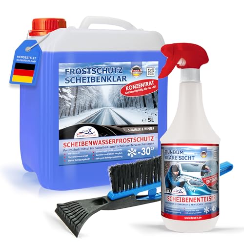 FASTX LIQUIDSOLUTIONS Fast X Winter-Set – Scheibenfrostschutz 5L + 1L Scheibenenteiser Spray + Eiskratzer