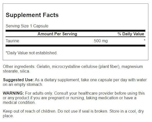 Swanson Taurine - Amino Acid Supplement Promoting Energy Production & Electrolyte Balance - Natural Formula Supporting Heart Health & Wellness - (100 Capsules, 500Mg Each) #TOP1