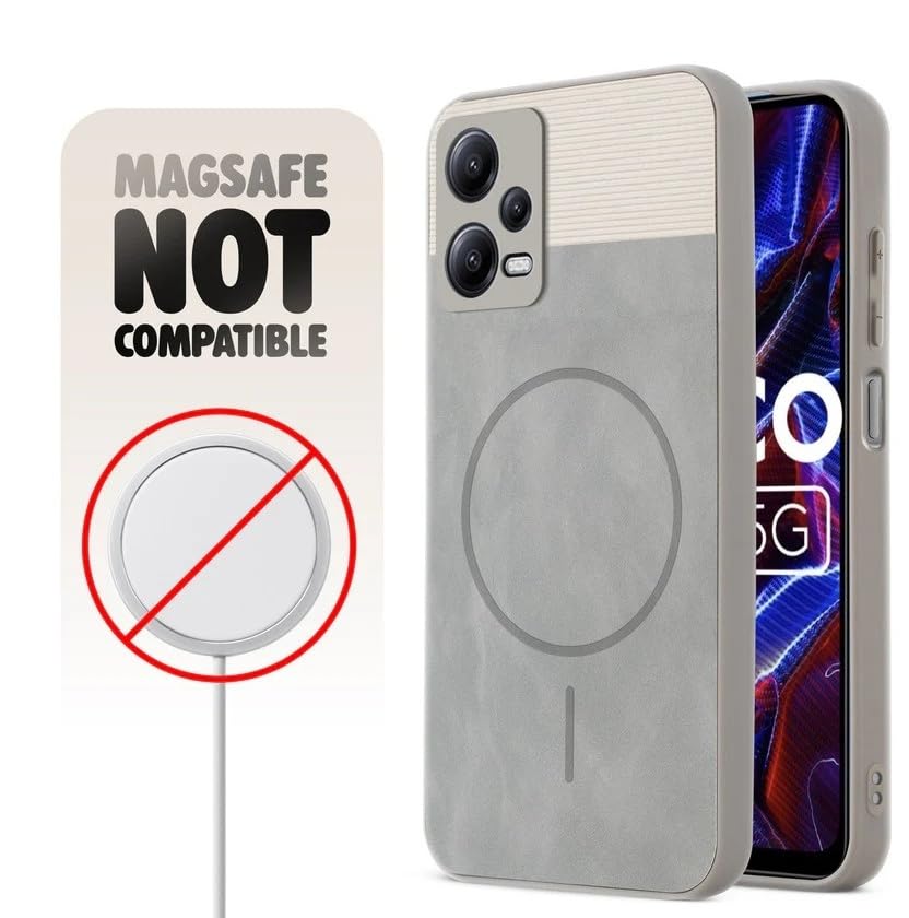 Image of Bintage CASE Mac Safe Design Hard Light Weight Back Case | Soft Border Camera Protect | Dual PU Leather Finish Back Cover Compatible for Poco X5 Pro 5G - White & Grey