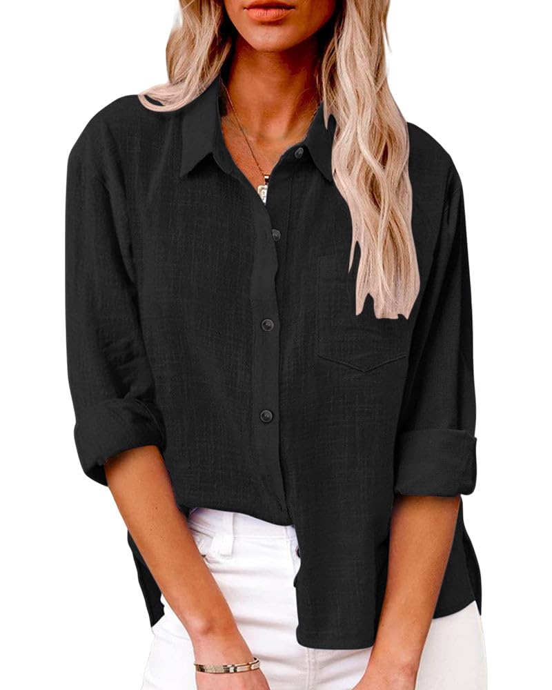 Friptspyg Bluse Damen Lässiges Langarm Hemdbluse Elegant Blusen & Tuniken für Damen V-Ausschnitt 100% Baumwolle Solide Sommer Oberteile mit Tasche