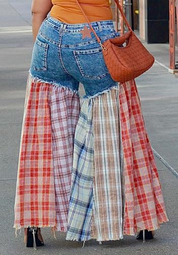 Womens Jeans Casual Denim Plaid Patchwork High Waisted Y2k Jeans Plus Size Long Wide Leg Pants Jeans3