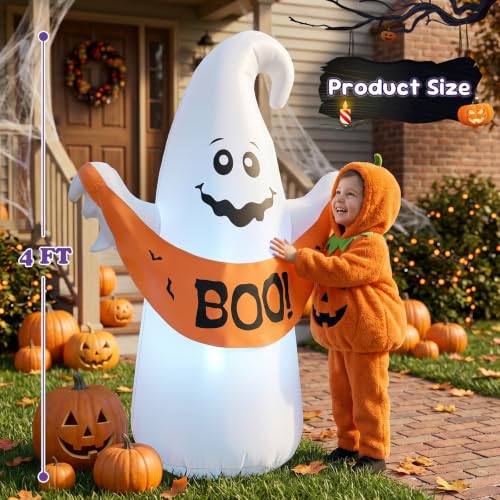 4FT Halloween Inflatable Ghost with Boo Banner,Bulit-in LEDs - image 2