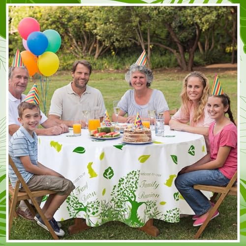 Image of Ganeen 6 Pcs Family Reunion Tablecloths Party Decorations 84 Inch Family Tree Reunion Green Tree Tablecloths Disposable Plastic Round Waterproof Table Covers for Spring Holiday Gathering Party Supply