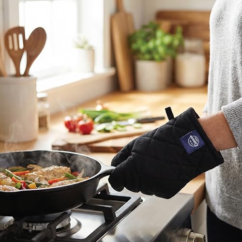Image of Encasa XO Heat Resistant 100% Cotton Oven Glove & Potholder Set with Loop, Kitchen Cooking Mittens, Microwave Safe Hot Pads (Full Black)
