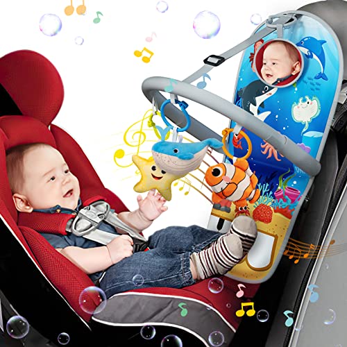 Image of Baby Car Seat Toys for Travel 6 to 12 Months, Adjustable with Musical Pedal Piano, Baby Mirror and Hanging Squeaky Sensory Soft Infant Toys, Rear Facing