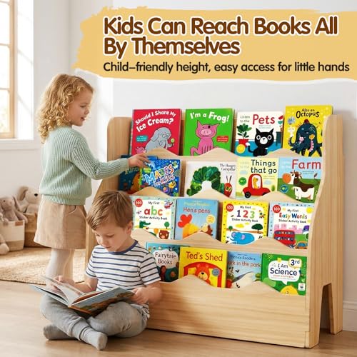 Image of Kids Bookshelf Montessori Wooden Bookcase 4 Tier Front-Facing Organizer | Effortless Assembly; Front-Facing Design for Independence; Child-Friendly Height; Holds 60-80 Books; Sturdy Construction