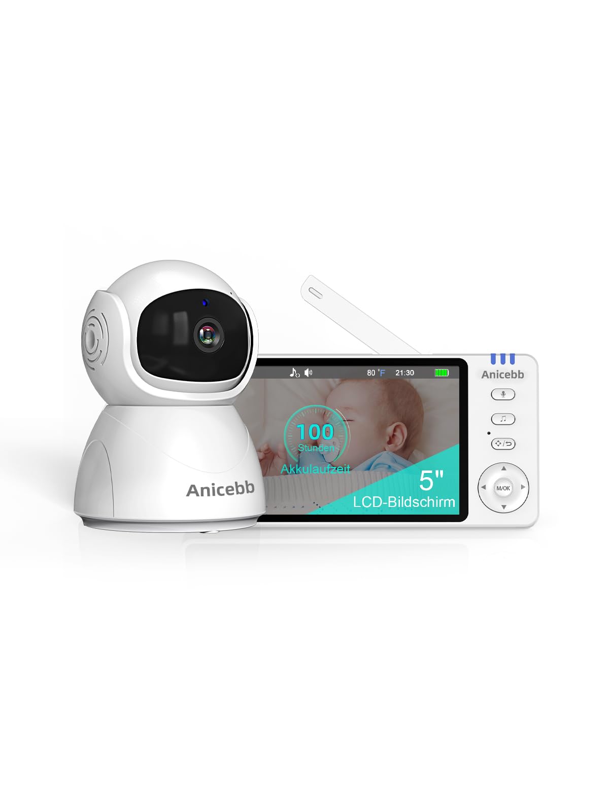 Babyphone Mit Kamera Ohne WLAN, 5 Zoll 720P HD Video Monitor, Zoom 2X/4X, Schwenk- und Neigefunktion, 100 Std. Akkulaufzeit im VOX-Modus, 300 m Reichweite, Nachtsicht, Temperatur- und Geräuschalarm