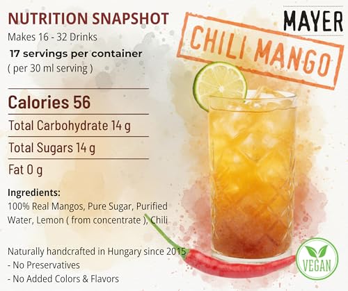 Image of Mayer Premium Chili Mango Syrup - Award-Winning Organic Fruit Syrup, Crafted with 100% Real Fruits, All Natural, Vegan, Gluten-Free - Ideal for Cocktails, Coffee, Desserts, Cocktails (16.9 oz)