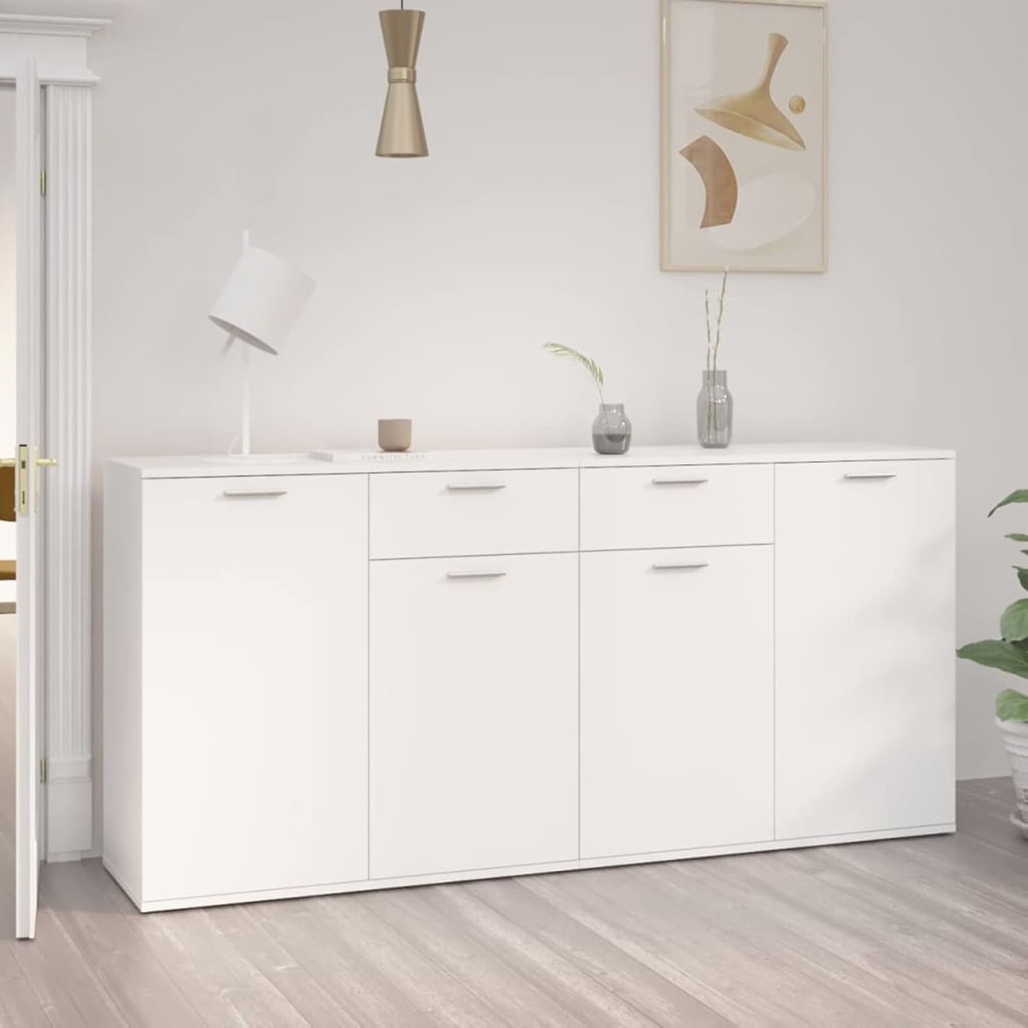 Yolola Aparador 4 Puertas, Bueffet para Salón, Alacena de Cocina con 4 Puertas y 2 Cajones, Aparador Comedor, Armario de Cocina, Armario de Almacenamiento, Blanco 160x36x75 cm