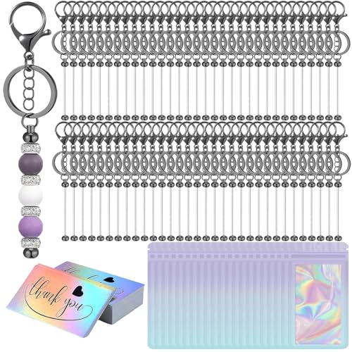 Image of 42 /84 /126 Pcs Beadable Keychain Bars Bulk Blank DIY Beaded Keychain Making Supplies with Bag Thank You Card