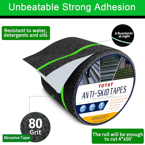 Image of Glow in Dark Anti Slip Tape, 4 inch x50FT Heavy Duty Waterproof Safety Grip Tape for Stairs, Pool, Bathroom - Black & Glow Stripe Indoor /Outdoor Multi-Purpose Traction Tape