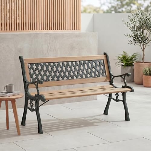 Home Discount Garden Vida Garden Bench, Cross Style Design 3 Seater Outdoor Furniture Seating Wooden Slats Cast Iron Legs Park Patio Seat
