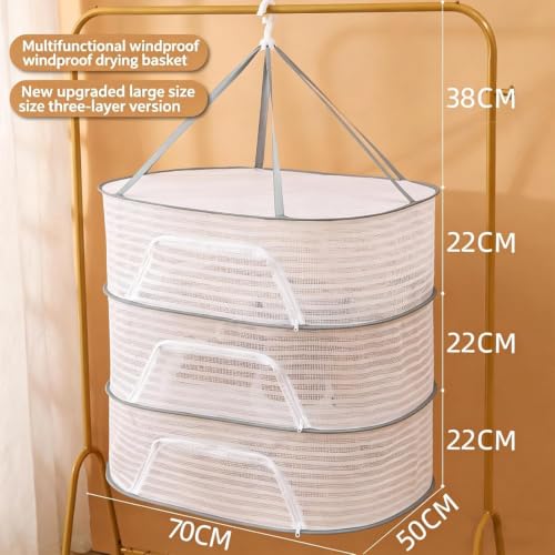 Image of Sun Drying Net - 3‑Layer Foldable Food Drying Rack, 50x70 cm Multilayer Hanging Mesh for Vegetables, Pulses, Herbs & Fruit - Indoor Hydroponics, Camping & Sun‑Drying