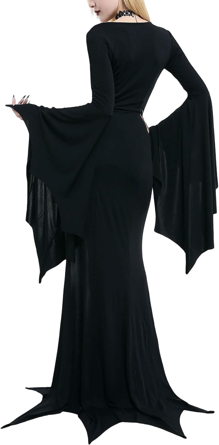 YEAXLUD Vampire Womens Halloween Costumes Long Wide Sleeves Morticia Addams Costume Wrap Gothic Witch Dress Witchy Dress (black, Medium) - Image 4
