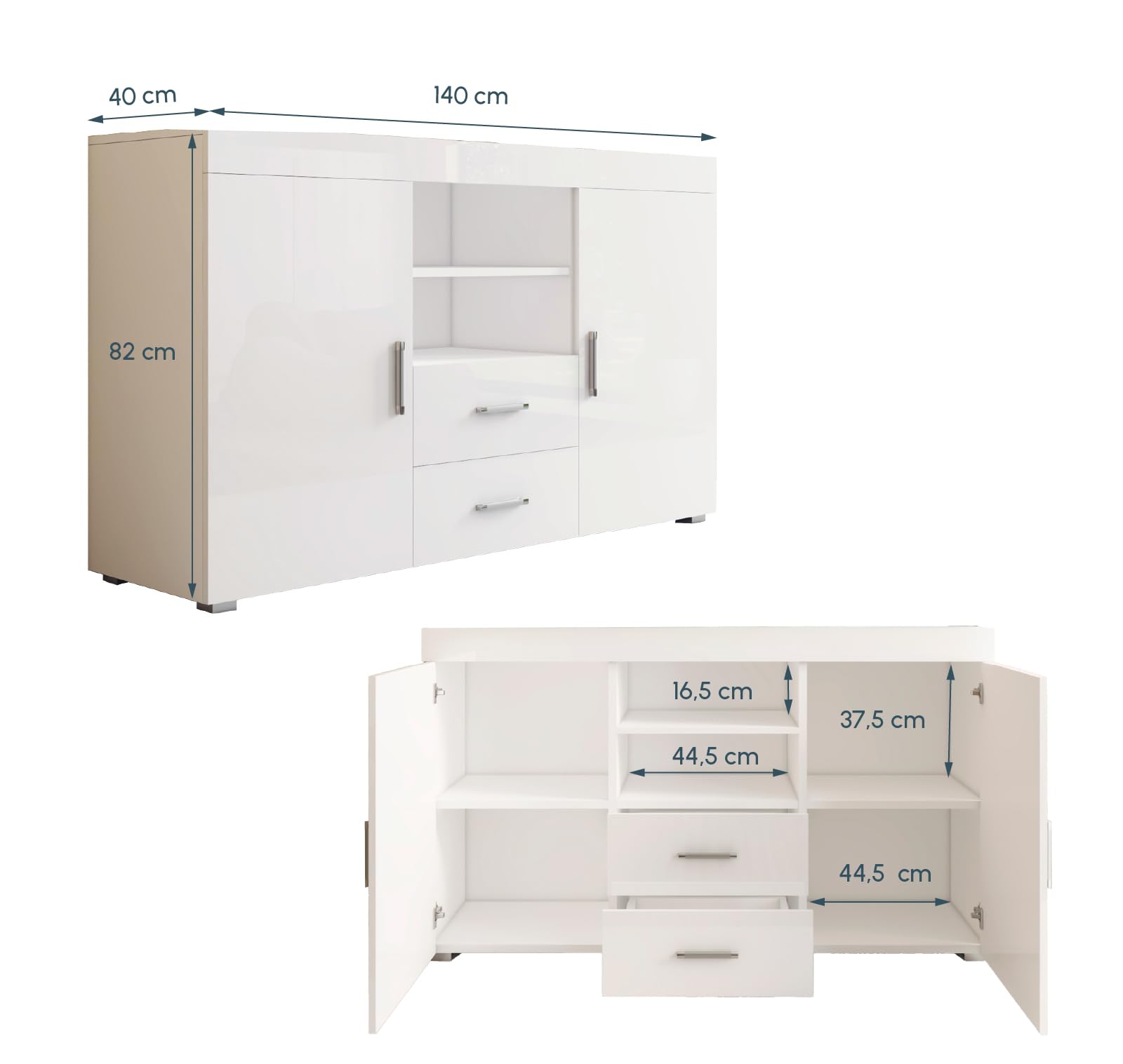 MB Muebles Bonitos | Aparador Roque | Mueble Auxiliar Moderno de Salón y Comedor con 2 Puertas, 2 Cajones y Estante | 140x82x40 cm | Melamina Brillo | Blanco