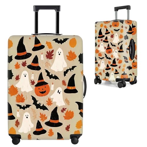 Image of Halloween Luggage Cover - Ghost Pumpkin Bat and Witch Hat Design - Festive Travel Suitcase Protector - Fits 28 to 30 Inch Luggage,L