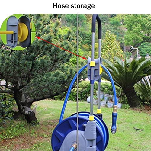 Carro retráctil para manguera de jardín con estante de almacenamiento y rodillos para limpieza al aire libre y baño de mascotas