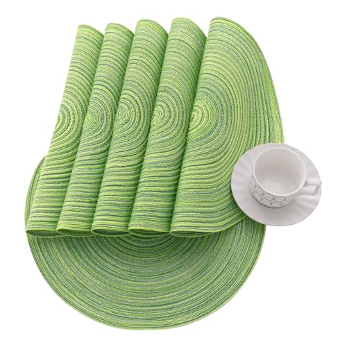 Image of SHACOS Round Placemats Set of 8 Washable 15 inch Round Table Mats Braided Non Slip Fabric Place Mats for Dining Table Indoor Outdoor (Mixed Color Pea Green, 8)