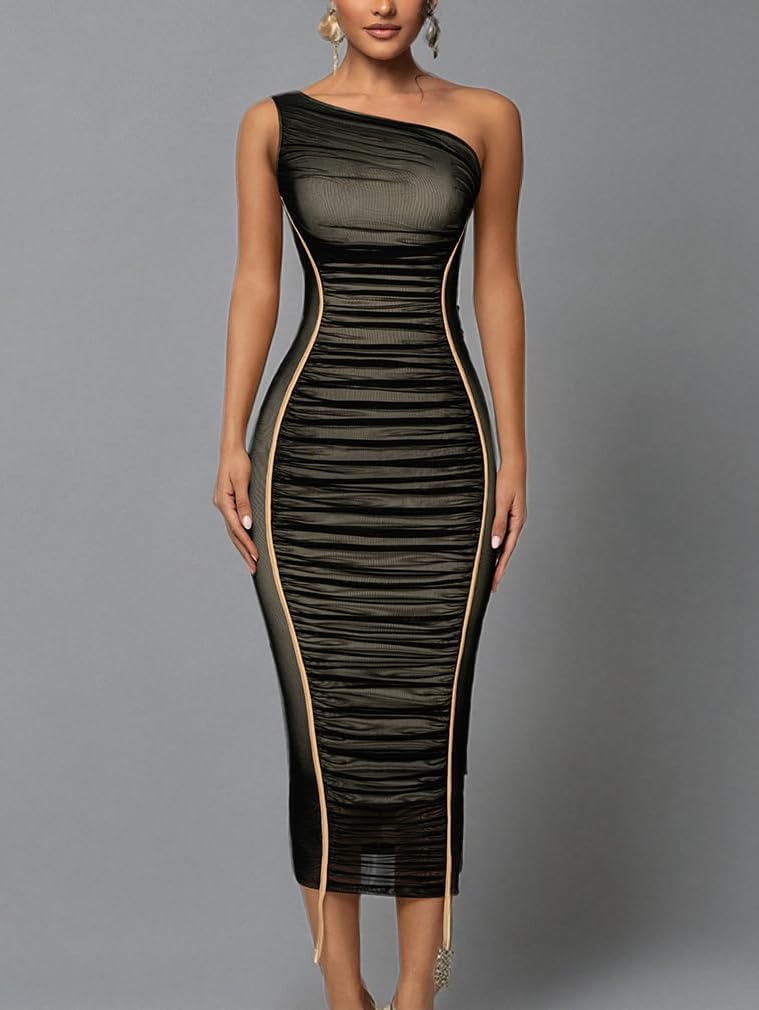 LAGSHIAN Women's Sexy Bodycon Cocktail One Shoulder Sleeveless Mesh Ruched Midi Party Dress - Image 7