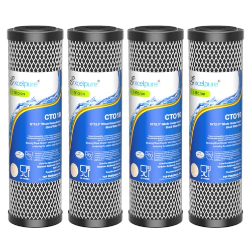 EXCELPURE 1 Micron 10 x 2.5 Whole House CTO Carbon Water Filter Cartridge Replacement for Home Countertop System Dupont WFPFC8002 WFPFC9001 FXWTC SCWH-5 WHEF-WHWC WHCF-WHWC CTO10 T01 4PACK