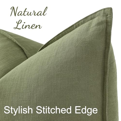 Image of decorUhome Decorative Linen Throw Pillow Covers 18x18 Inch Set of 2 Olive Green Pillow Covers with Flange Edges Soft Farmhouse Boho Accent Pillow Cases for Couch Bed Living Room