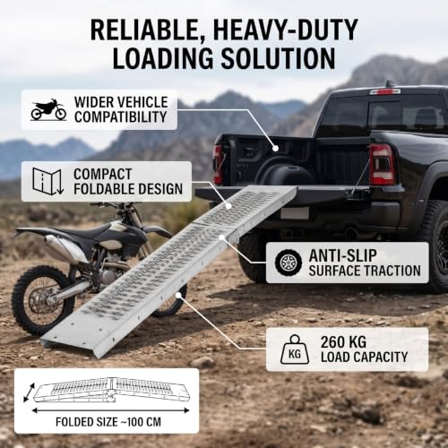 Rampa plegable para motocicletas de 260 kg, rampa de carga antideslizante para camionetas pickup, ATV, UTV, motos de tierra y cortadoras de césped, fabricada en acero aleado galvanizado de alta resistencia miniatura 2