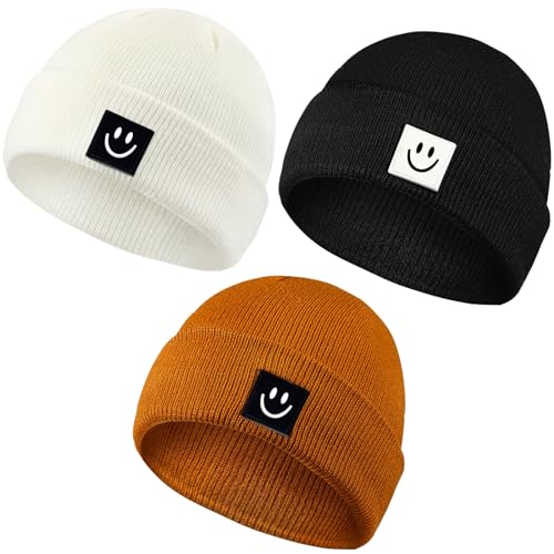 Image of Mepase 3 Pcs Baby Smile Face Beanie Cap Beanie Knit Hats for Toddler Kids Beanie Caps Smile Face Embroidered Soft Winter Hats (Black, White and Caramel,0-6 Months)