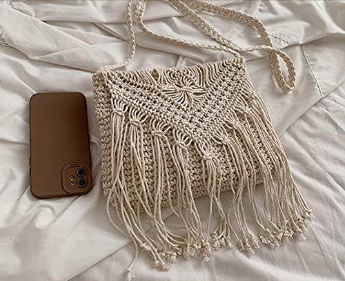 Image of Crossbody Purse for Women Cute Macrame Hobo Satchel Bags Knit Summer Beach Bag Tassels Shoulder Crochet Tote Handbag