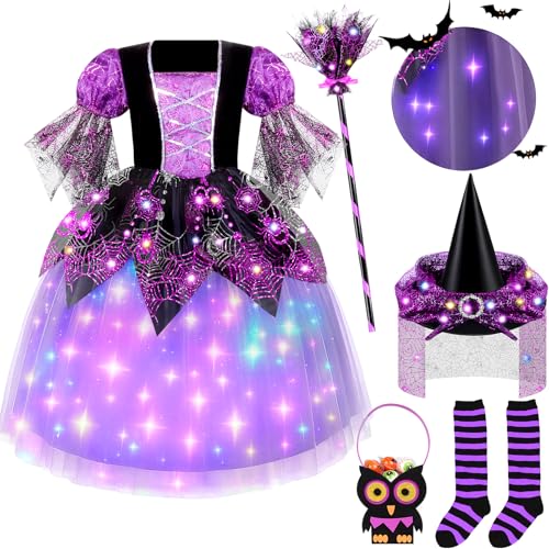 Girls Light Up Witch Costume, Kids Witch Costume with Hat and Broom for Toddler Halloween Dress Party