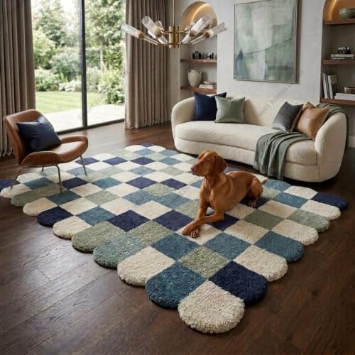 Image of SWEET HOMES Handwoven Shaggy Checkered Area Rug | Ultra Soft Plush Irregular Carpet with Anti-Skid, 6 x 10 Feet (183 x 305 cm), Multi Blue