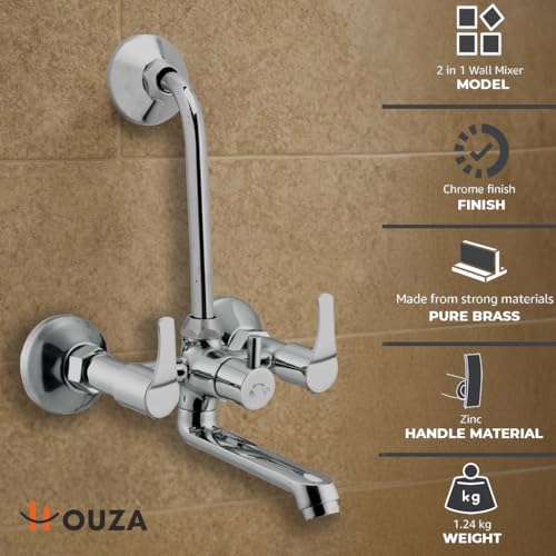 Image of HOUZA Brass Wall Mixer for Bathroom 2 in 1 with L-Bend Provision for Overhead Shower | Hot & Cold Water Wall Mixer Tap for Bathroom | Chrome Finish