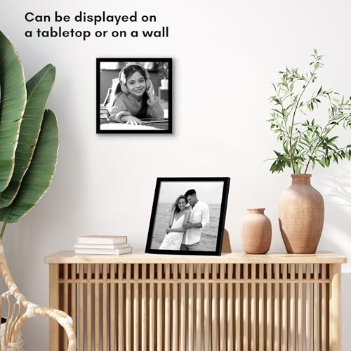 Americanflat 10x10 Picture Frame with Shatter-Resistant Glass - Streamline Collection - Thin Border Square Frame for Tabletop and Wall Display - Hanging Hardware and Easel Stand Included - Black