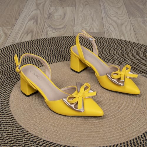 Womens Sling Back Shoes Low Heel 2.3 Inch Chunky Block Pumps Bows Heels for Women Closed Pointed Toe Yellow Dress Comfortable Sandals Shoes Noiseless Sole Available4