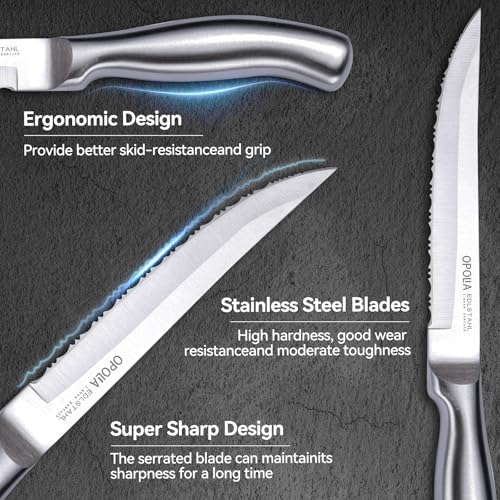 OPOLIA Steak Knives Set of 6, Serrated Edge Stainless Steel Kitchen Knife with Ergonomic Handle, Dishwasher Safe, Silver - Image 4