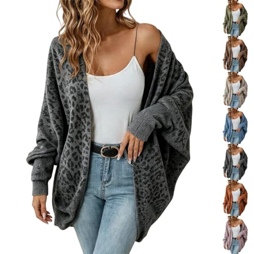 Women's Leopard Cardigan, Oversized Open Front Knit Sweater Lantern Sleeve - image 1